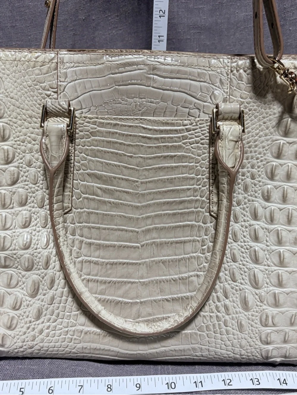 Brahmin Cream Croc-Embossed Leather Satchel with Gold Hardware